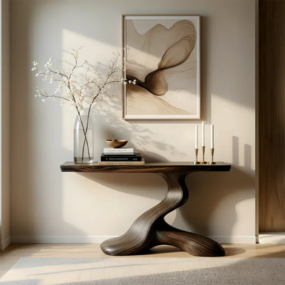 Dark Sculptural Solid Wood Console — Organic Japandi Entry Table - Elitegemse