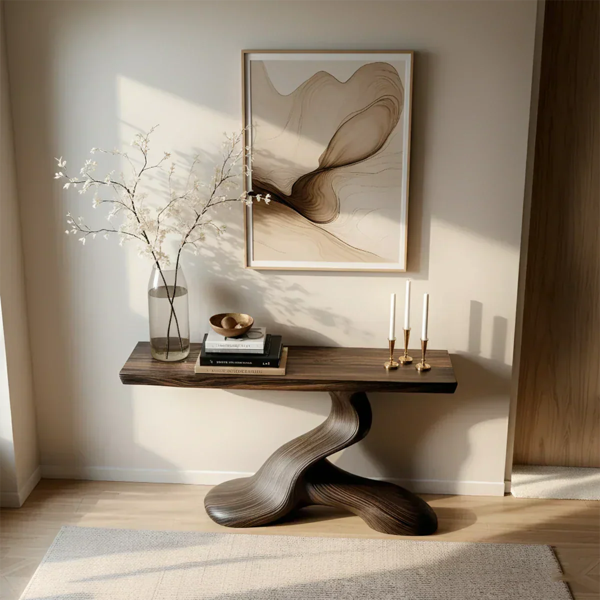 Dark Sculptural Solid Wood Console — Organic Japandi Entry Table - Elitegemse