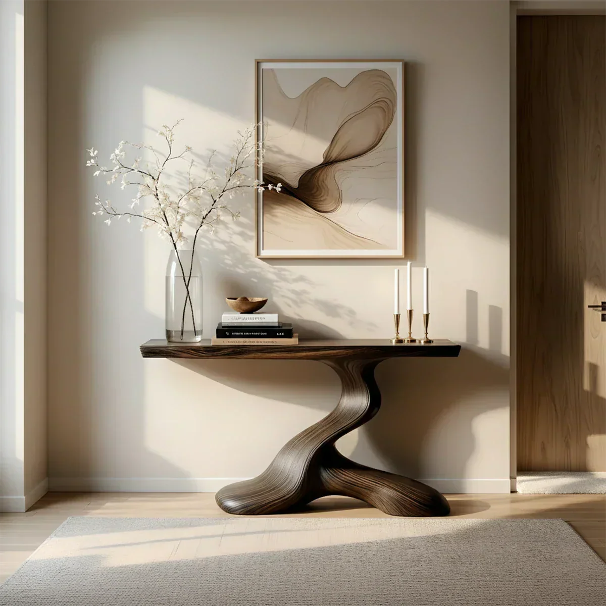 Dark Sculptural Solid Wood Console — Organic Japandi Entry Table - Elitegemse