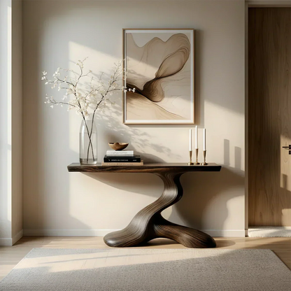 Dark Sculptural Solid Wood Console — Organic Japandi Entry Table - Elitegemse
