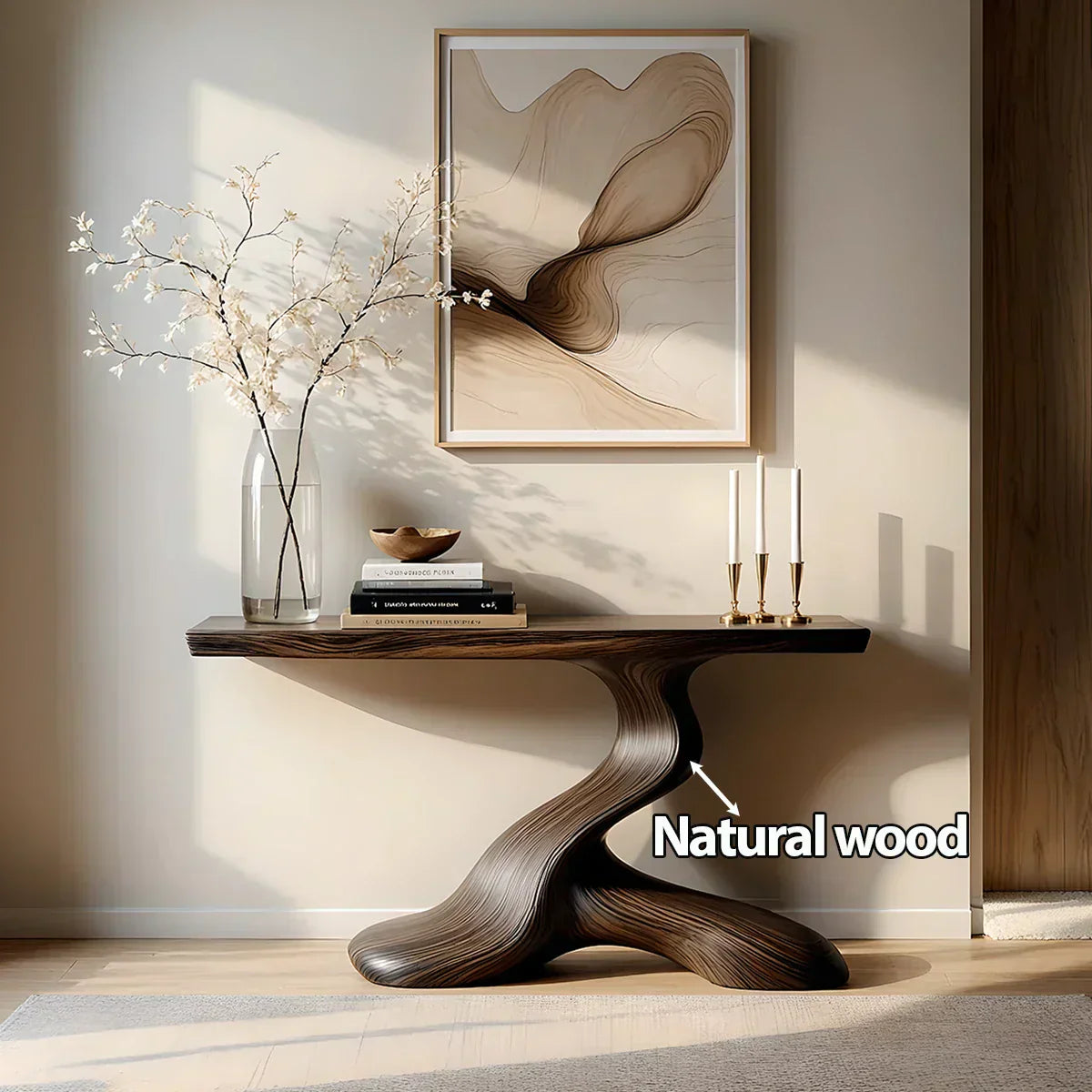 Dark Sculptural Solid Wood Console — Organic Japandi Entry Table - Elitegemse