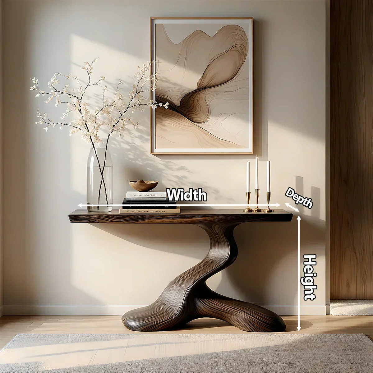 Dark Sculptural Solid Wood Console — Organic Japandi Entry Table - Elitegemse