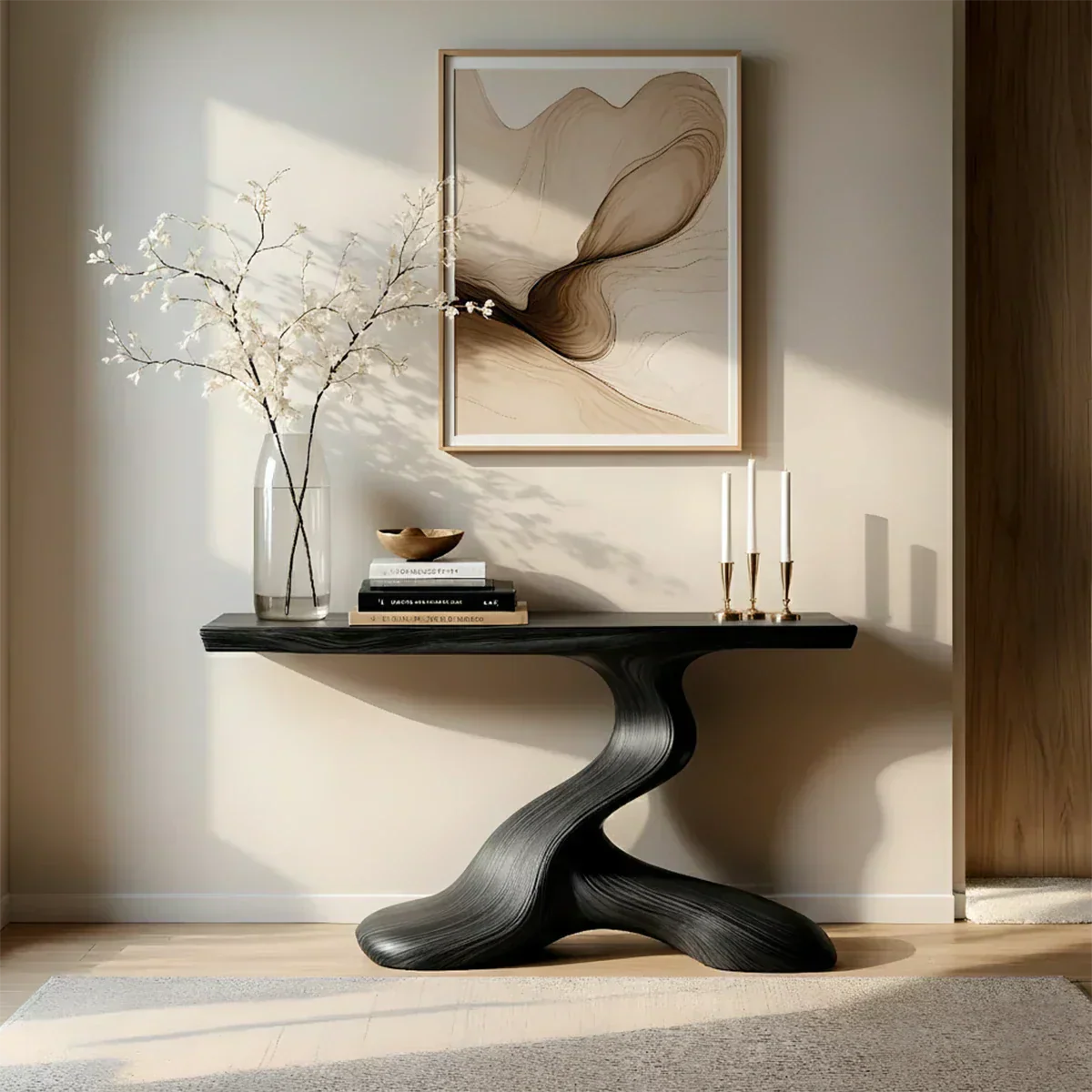 Dark Sculptural Solid Wood Console — Organic Japandi Entry Table - Elitegemse
