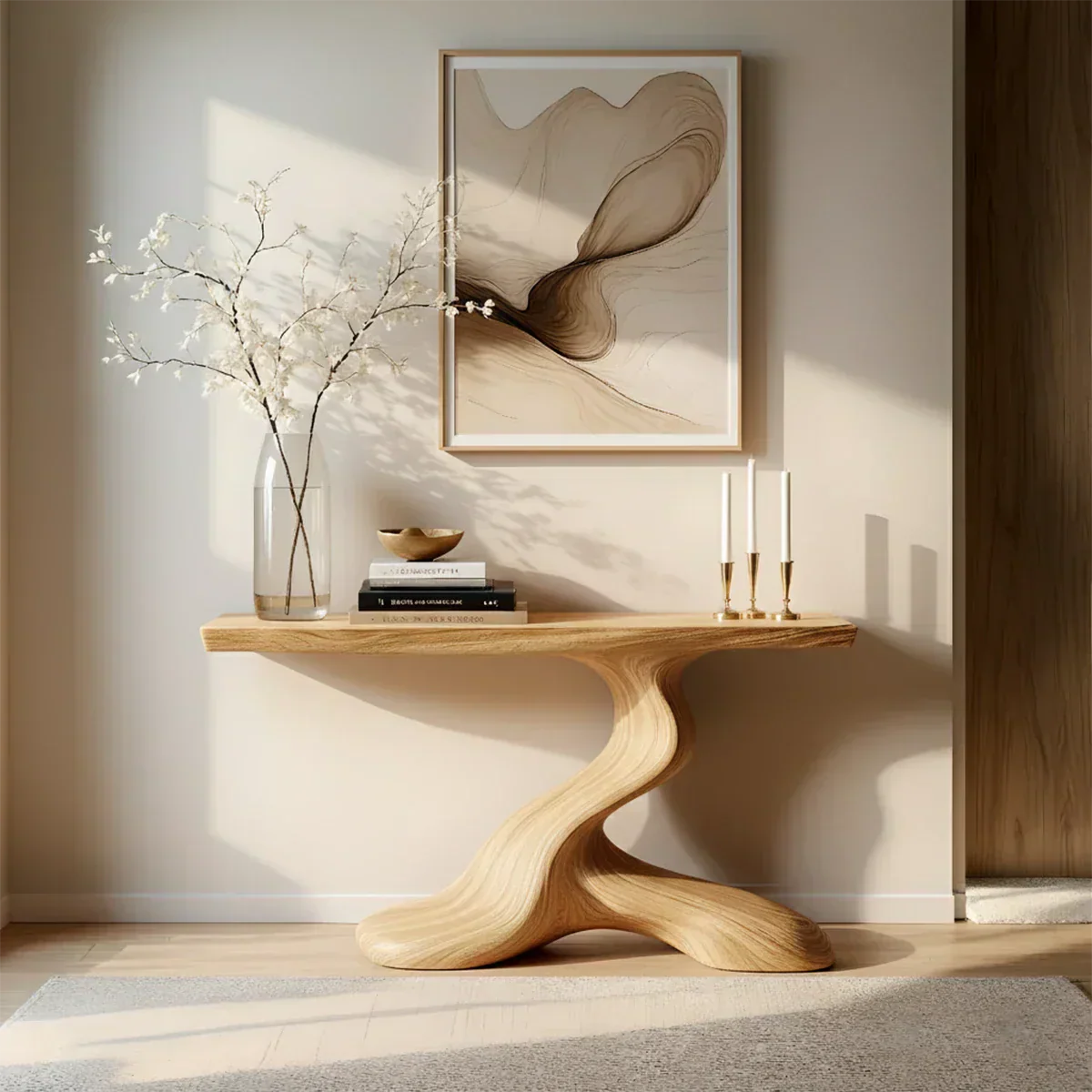 Dark Sculptural Solid Wood Console — Organic Japandi Entry Table - Elitegemse