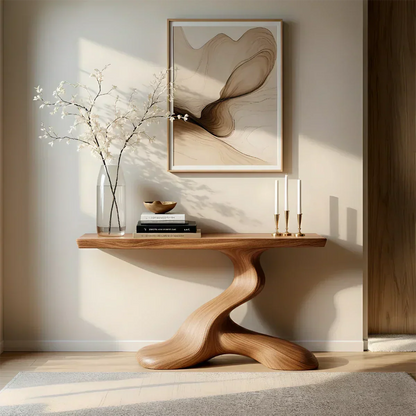 Dark Sculptural Solid Wood Console — Organic Japandi Entry Table - Elitegemse
