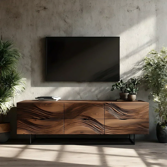 Dark Walnut Sculpted TV Stand – Modern Organic Wave Media Console - Elitegemse