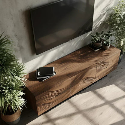 Dark Walnut Sculpted TV Stand – Modern Organic Wave Media Console - Elitegemse