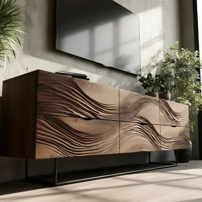 Dark Walnut Sculpted TV Stand – Modern Organic Wave Media Console - Elitegemse