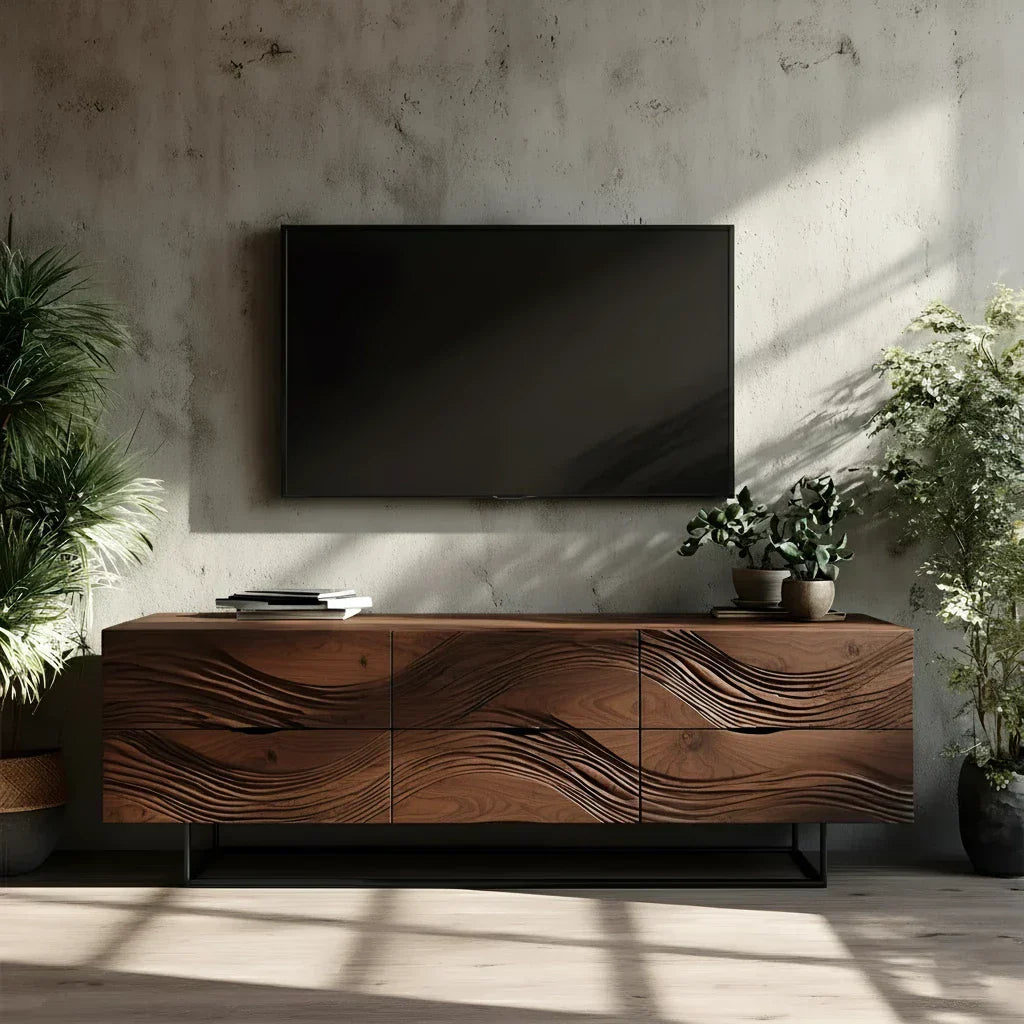 Dark Walnut Sculpted TV Stand – Modern Organic Wave Media Console - Elitegemse