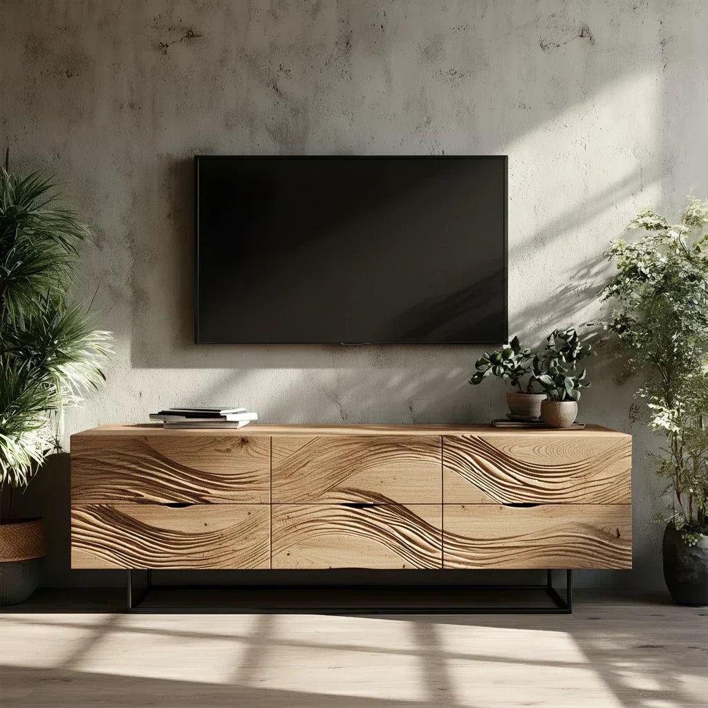 Dark Walnut Sculpted TV Stand – Modern Organic Wave Media Console - Elitegemse