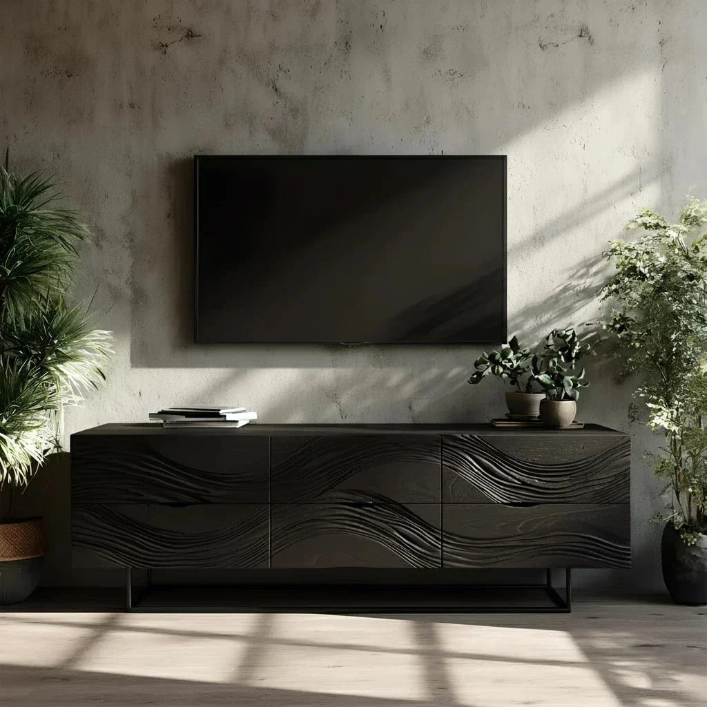 Dark Walnut Sculpted TV Stand – Modern Organic Wave Media Console - Elitegemse