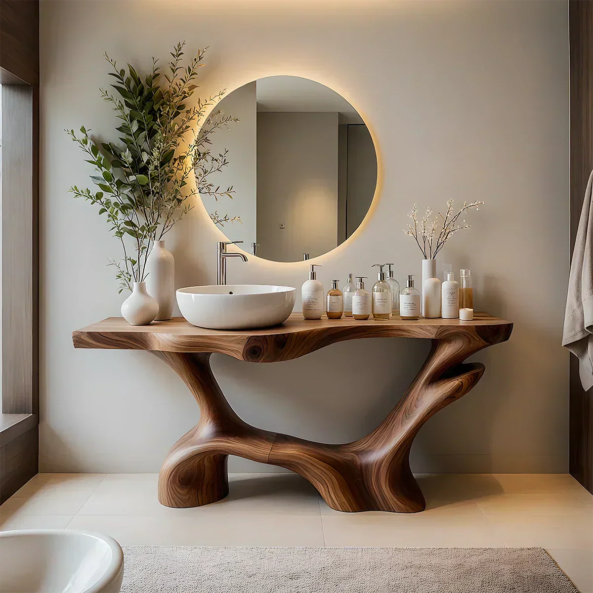 Double-Sculpted Wood Pedestal Vanity – Modern Bathroom Sink Table - Elitegemse