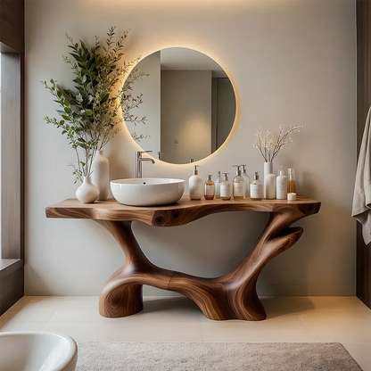 Double-Sculpted Wood Pedestal Vanity – Modern Bathroom Sink Table - Elitegemse