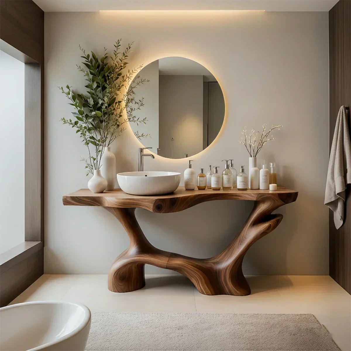 Double-Sculpted Wood Pedestal Vanity – Modern Bathroom Sink Table - Elitegemse