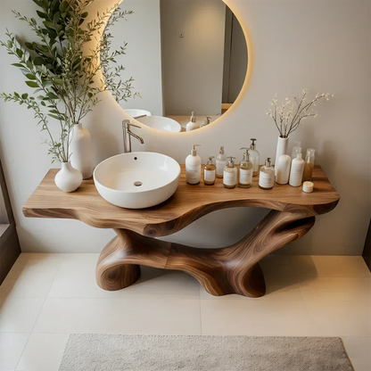Double-Sculpted Wood Pedestal Vanity – Modern Bathroom Sink Table - Elitegemse
