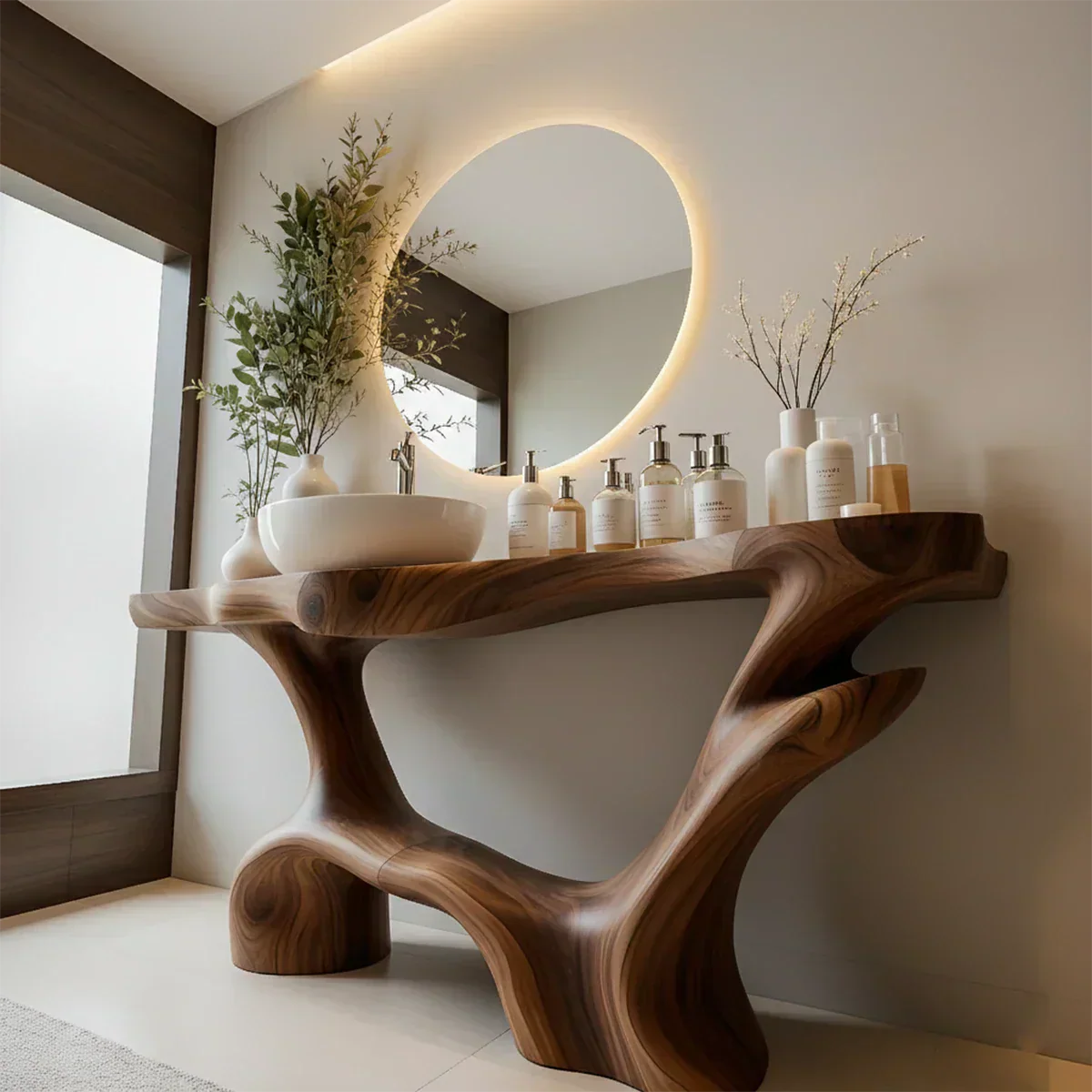 Double-Sculpted Wood Pedestal Vanity – Modern Bathroom Sink Table - Elitegemse