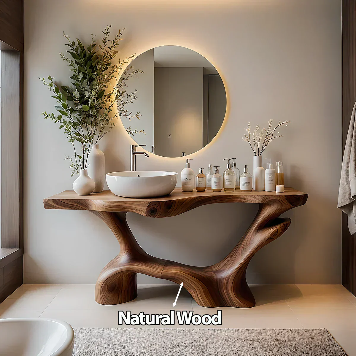 Double-Sculpted Wood Pedestal Vanity – Modern Bathroom Sink Table - Elitegemse