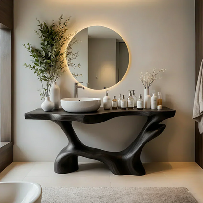 Double-Sculpted Wood Pedestal Vanity – Modern Bathroom Sink Table - Elitegemse