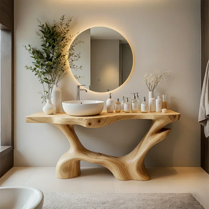 Double-Sculpted Wood Pedestal Vanity – Modern Bathroom Sink Table - Elitegemse