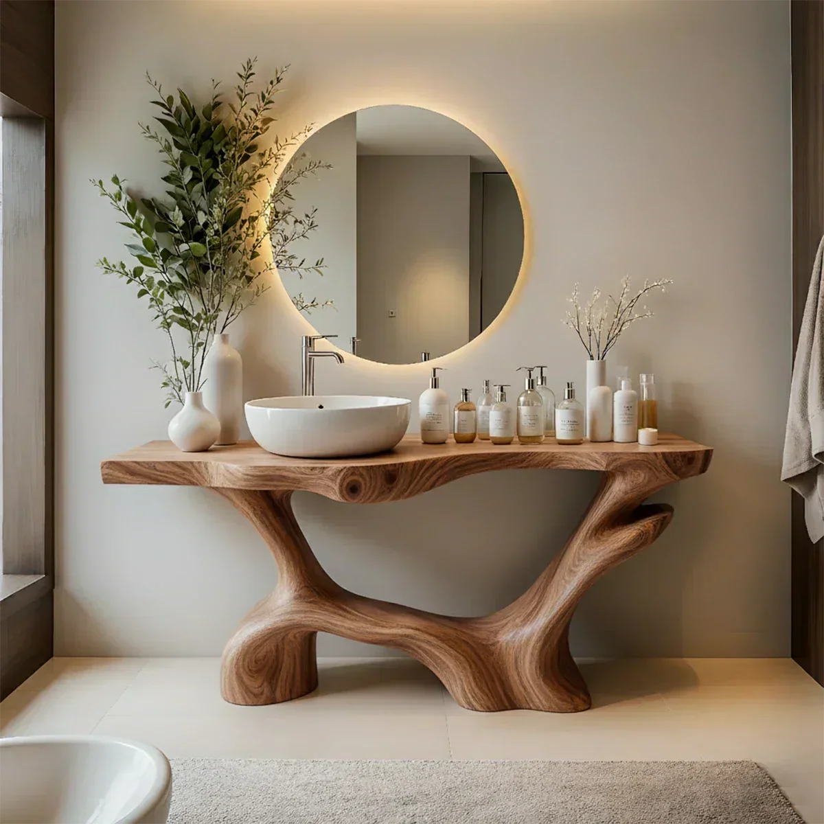 Double-Sculpted Wood Pedestal Vanity – Modern Bathroom Sink Table - Elitegemse