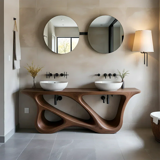 Double Sink Solid Walnut Vanity with Sculptural Flow Design - Elitegemse