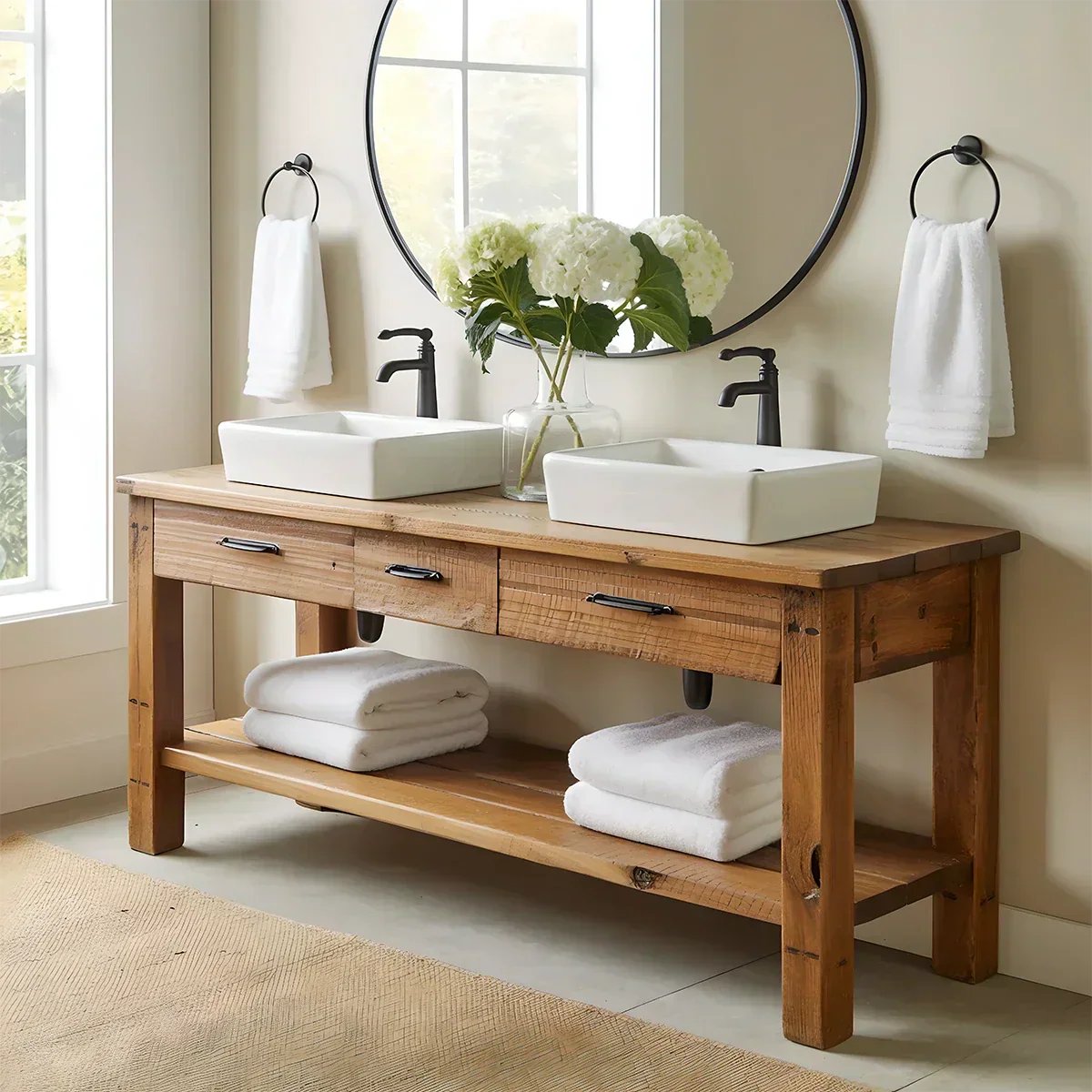 Double Sink Solid Wood Bathroom Vanity – Rustic Farmhouse Handcrafted Cabinet - Elitegemse