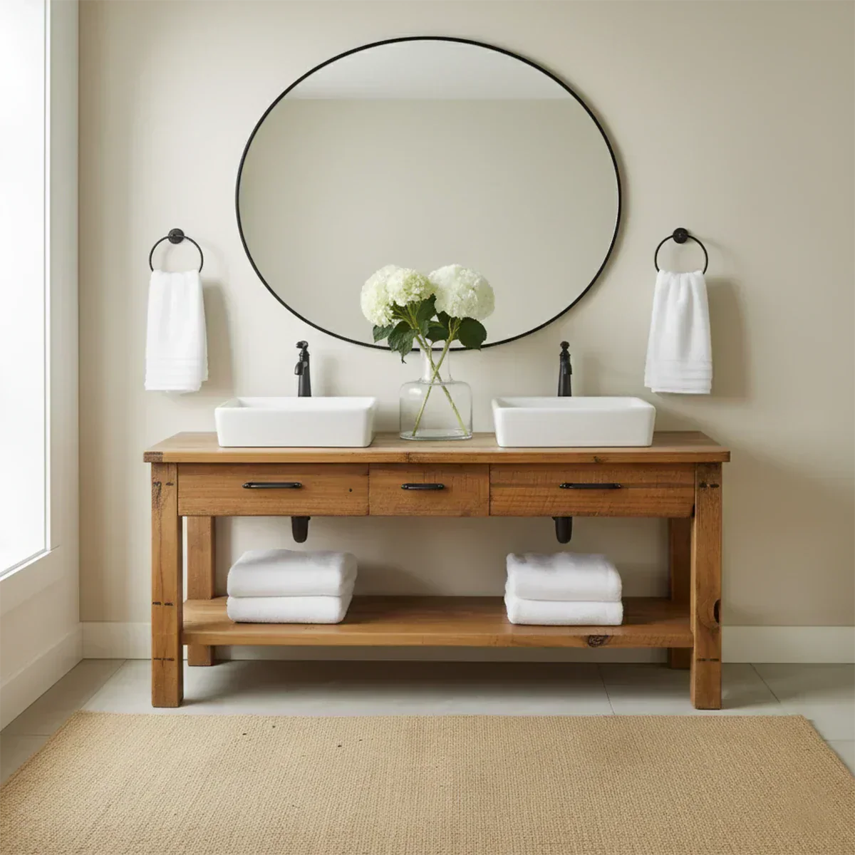 Double Sink Solid Wood Bathroom Vanity – Rustic Farmhouse Handcrafted Cabinet - Elitegemse