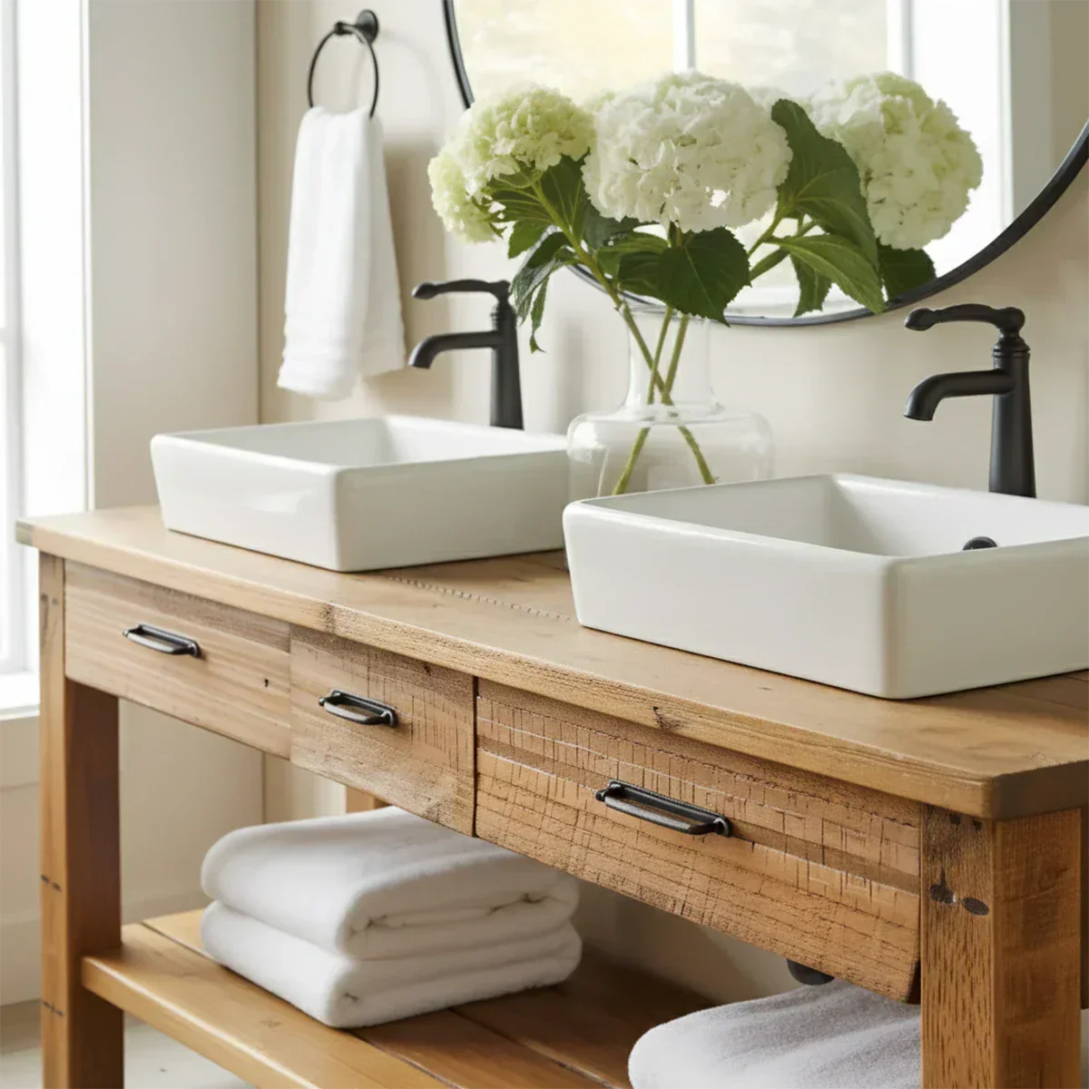 Double Sink Solid Wood Bathroom Vanity – Rustic Farmhouse Handcrafted Cabinet - Elitegemse