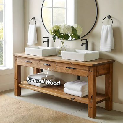 Double Sink Solid Wood Bathroom Vanity – Rustic Farmhouse Handcrafted Cabinet - Elitegemse