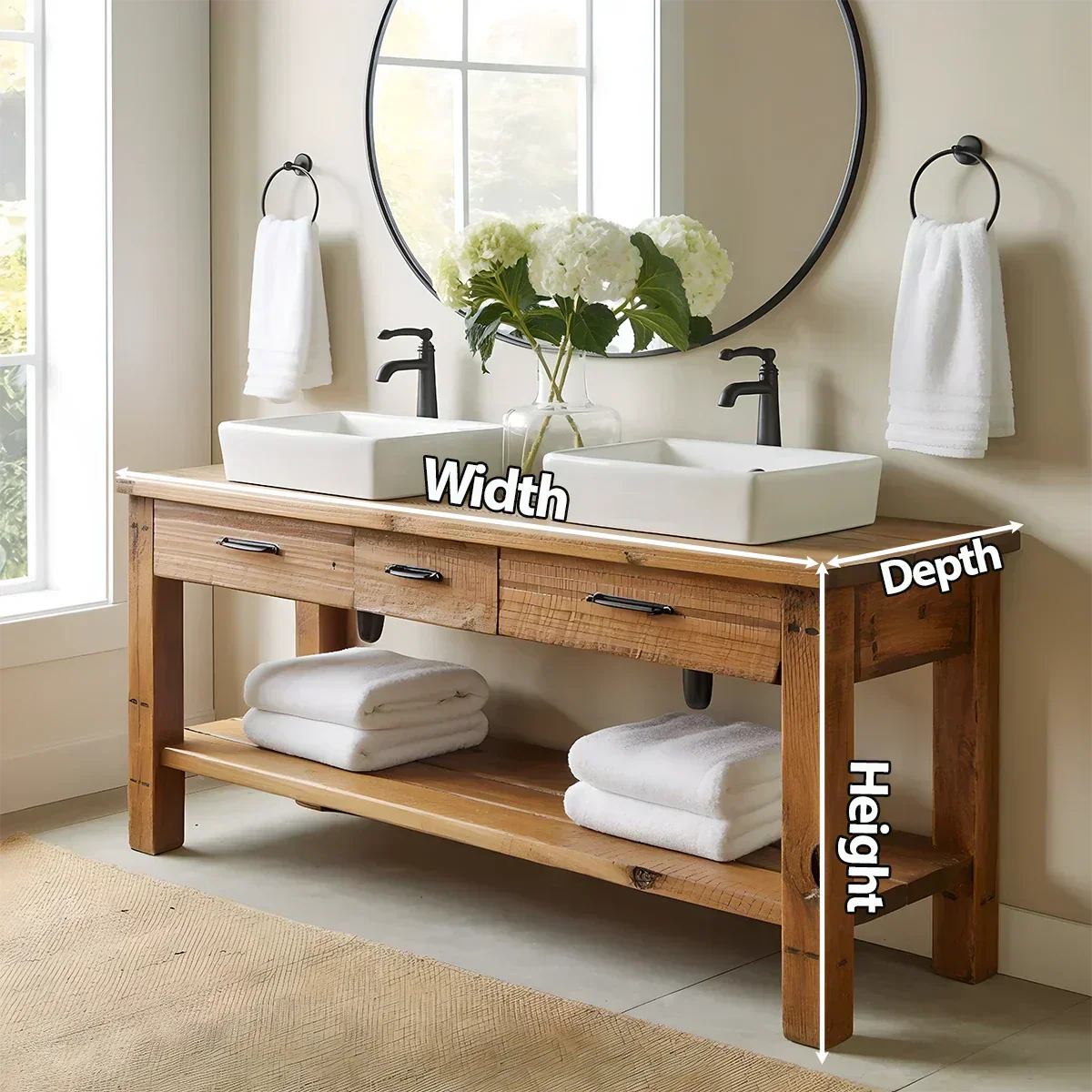 Double Sink Solid Wood Bathroom Vanity – Rustic Farmhouse Handcrafted Cabinet - Elitegemse
