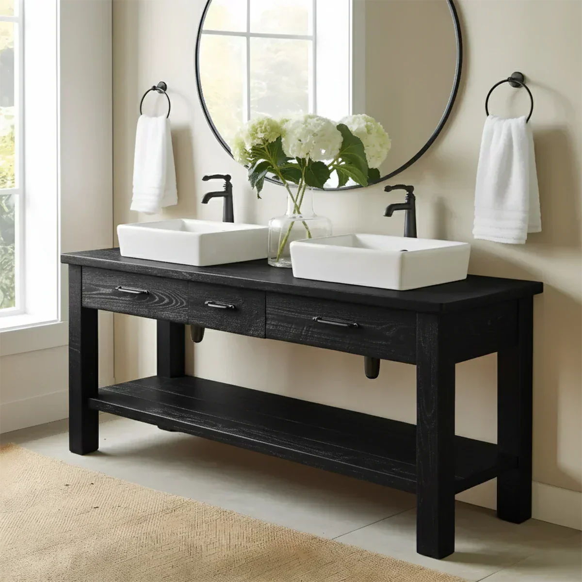 Double Sink Solid Wood Bathroom Vanity – Rustic Farmhouse Handcrafted Cabinet - Elitegemse