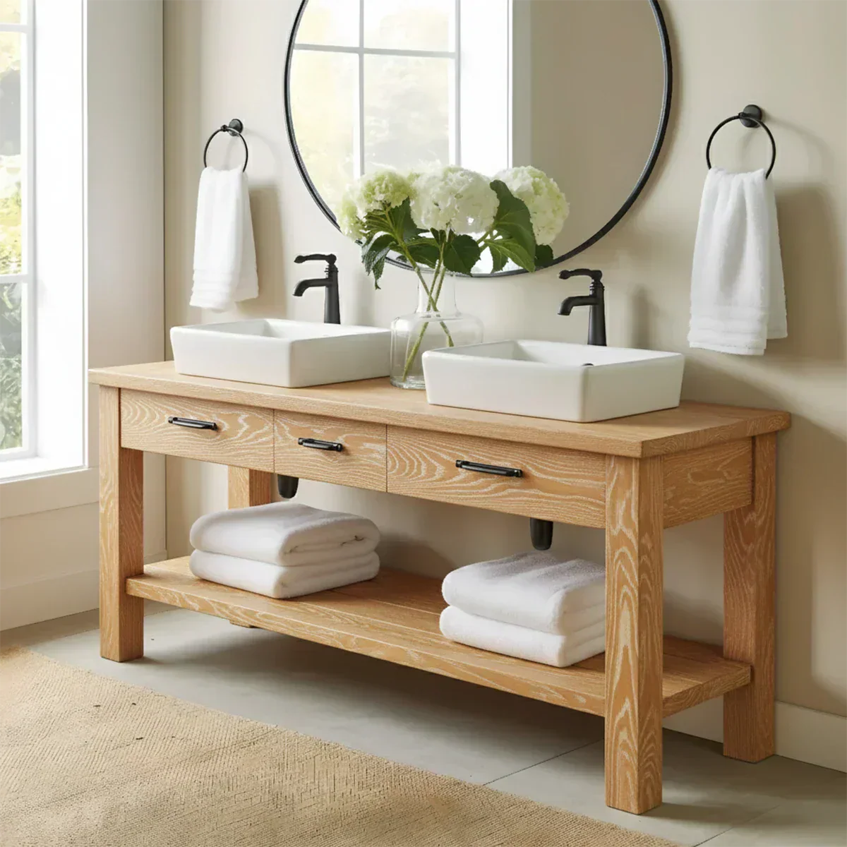 Double Sink Solid Wood Bathroom Vanity – Rustic Farmhouse Handcrafted Cabinet - Elitegemse