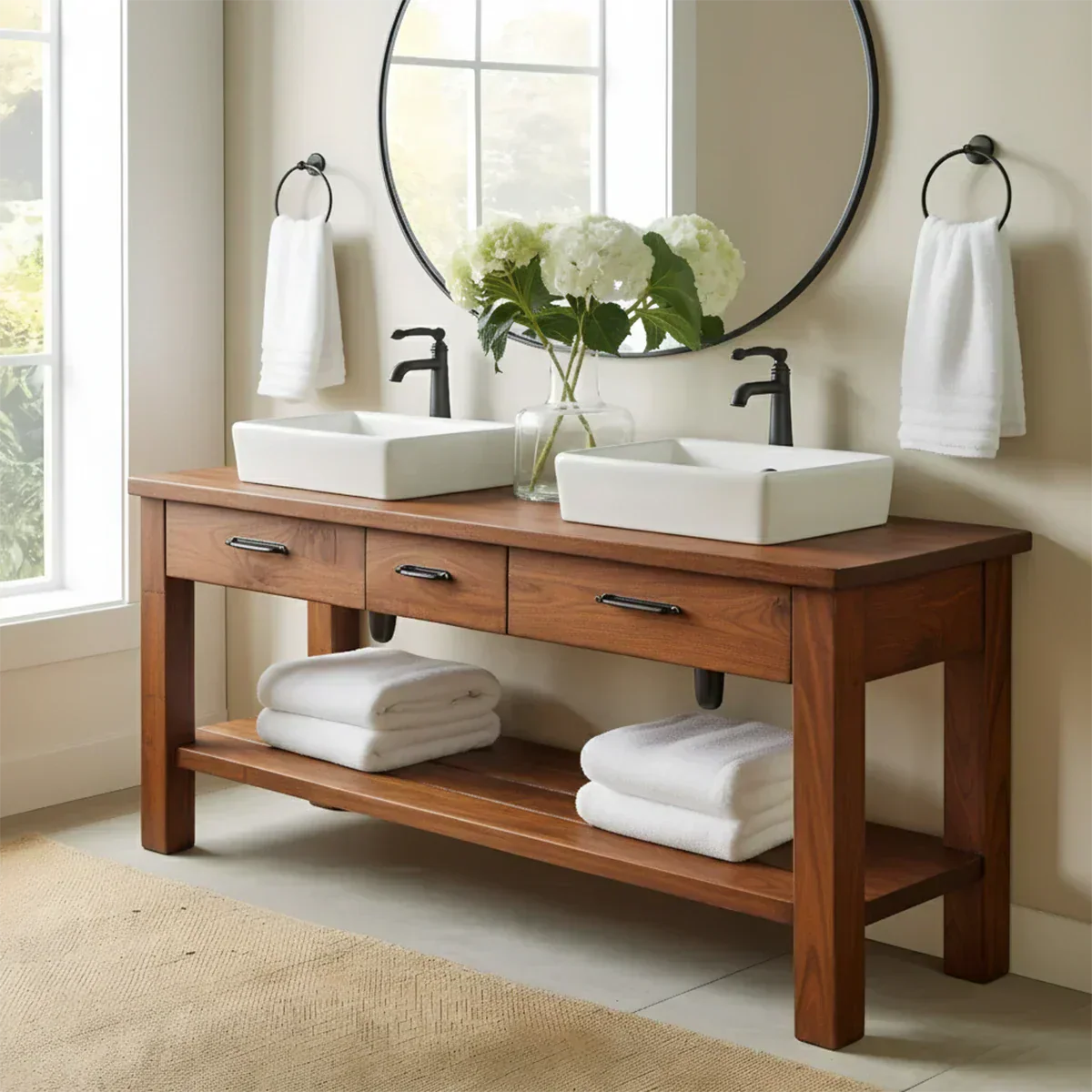 Double Sink Solid Wood Bathroom Vanity – Rustic Farmhouse Handcrafted Cabinet - Elitegemse