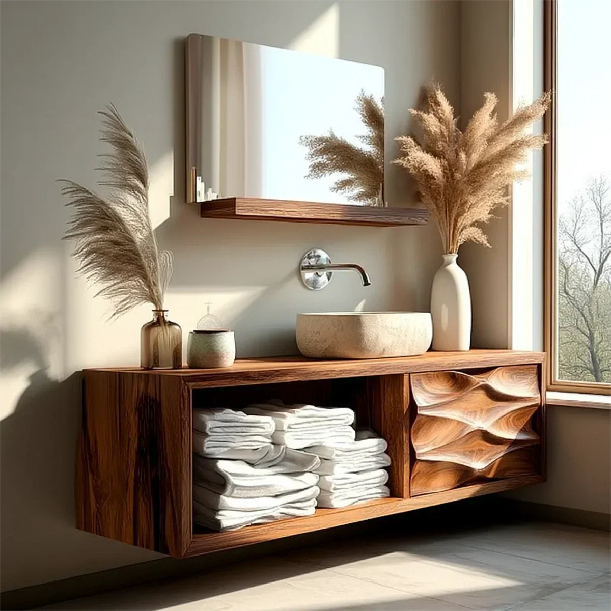 Floating Solid Wood Bathroom Vanity – Hand-Carved Natural Wood Storage Cabinet - Elitegemse