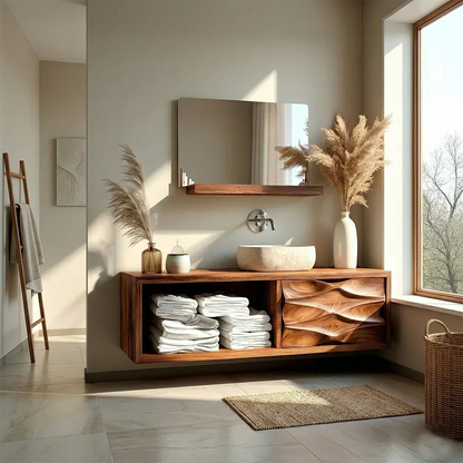 Floating Solid Wood Bathroom Vanity – Hand-Carved Natural Wood Storage Cabinet - Elitegemse