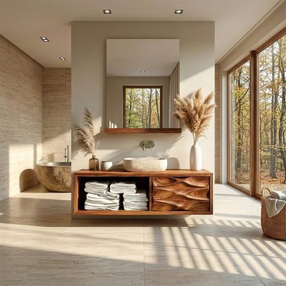 Floating Solid Wood Bathroom Vanity – Hand-Carved Natural Wood Storage Cabinet - Elitegemse
