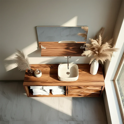 Floating Solid Wood Bathroom Vanity – Hand-Carved Natural Wood Storage Cabinet - Elitegemse