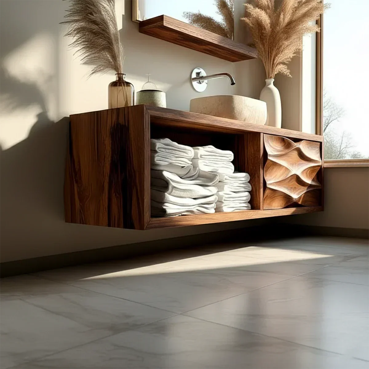 Floating Solid Wood Bathroom Vanity – Hand-Carved Natural Wood Storage Cabinet - Elitegemse