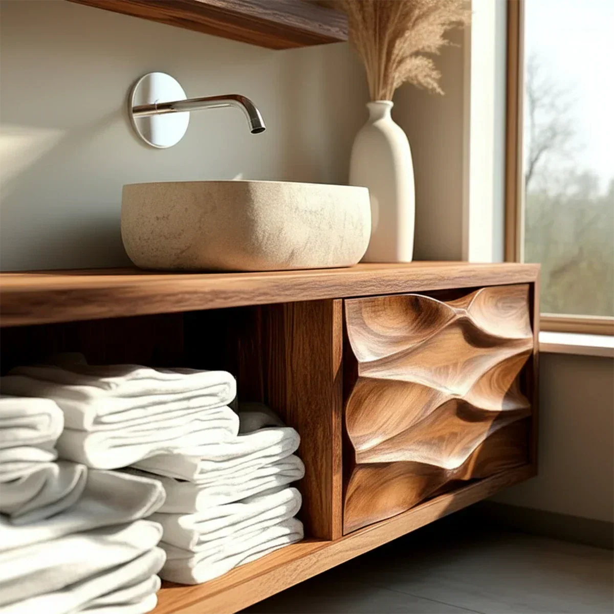 Floating Solid Wood Bathroom Vanity – Hand-Carved Natural Wood Storage Cabinet - Elitegemse