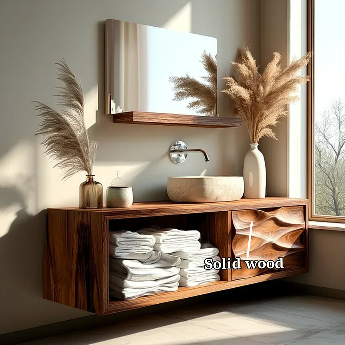 Floating Solid Wood Bathroom Vanity – Hand-Carved Natural Wood Storage Cabinet - Elitegemse