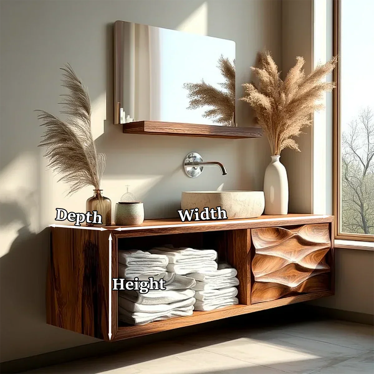 Floating Solid Wood Bathroom Vanity – Hand-Carved Natural Wood Storage Cabinet - Elitegemse