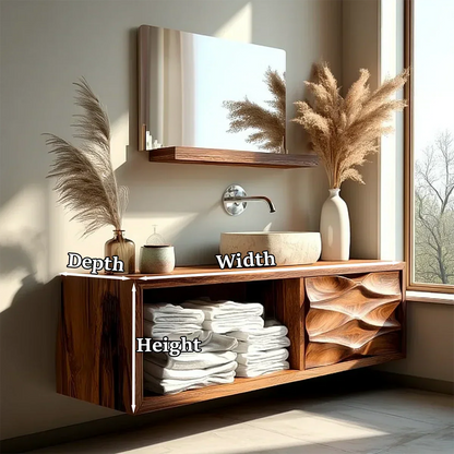Floating Solid Wood Bathroom Vanity – Hand-Carved Natural Wood Storage Cabinet - Elitegemse