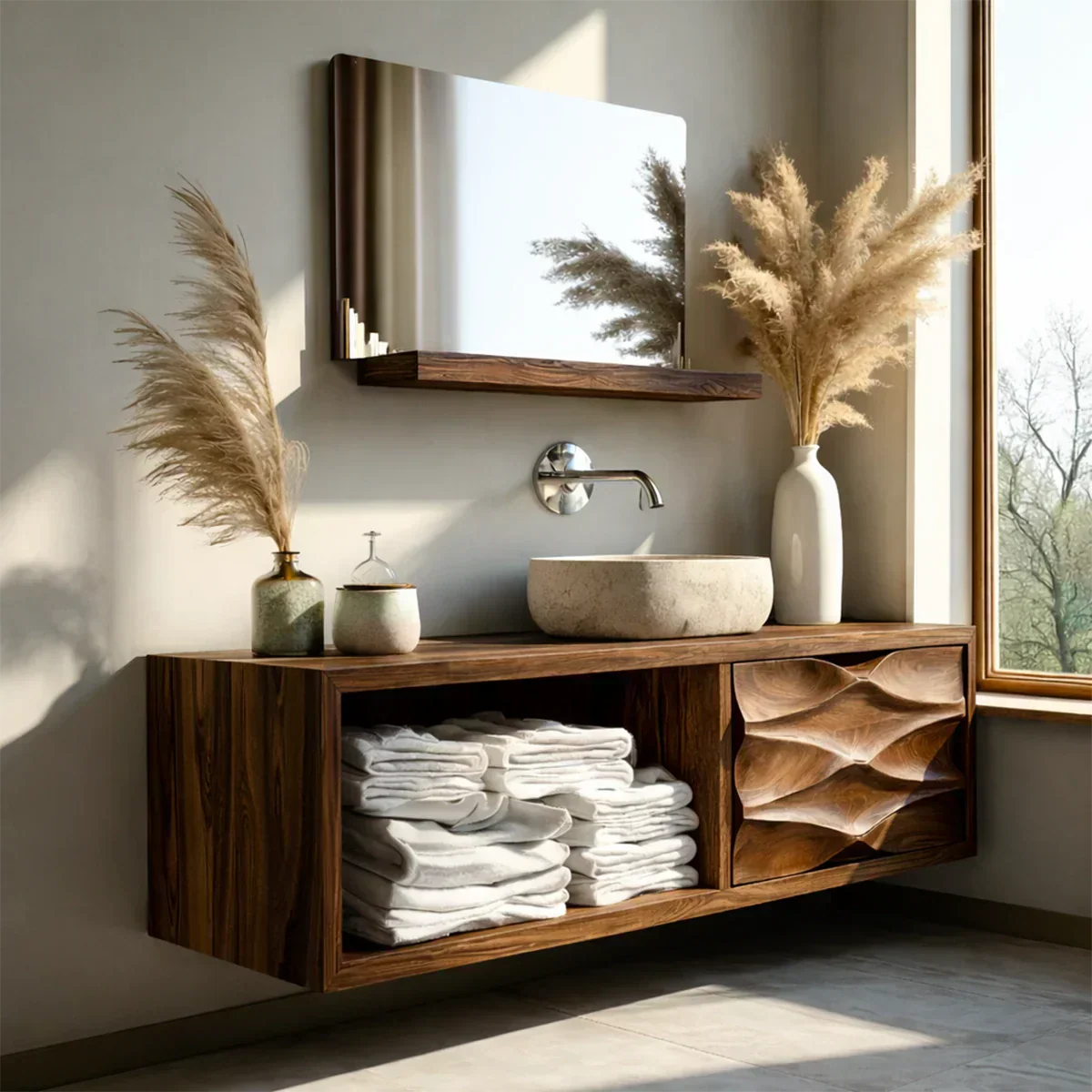 Floating Solid Wood Bathroom Vanity – Hand-Carved Natural Wood Storage Cabinet - Elitegemse