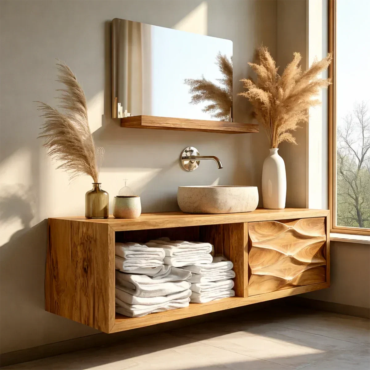 Floating Solid Wood Bathroom Vanity – Hand-Carved Natural Wood Storage Cabinet - Elitegemse