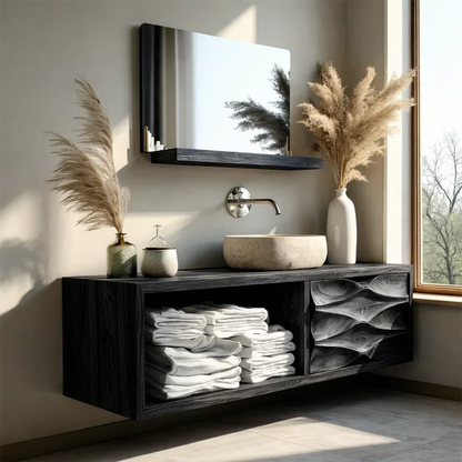 Floating Solid Wood Bathroom Vanity – Hand-Carved Natural Wood Storage Cabinet - Elitegemse
