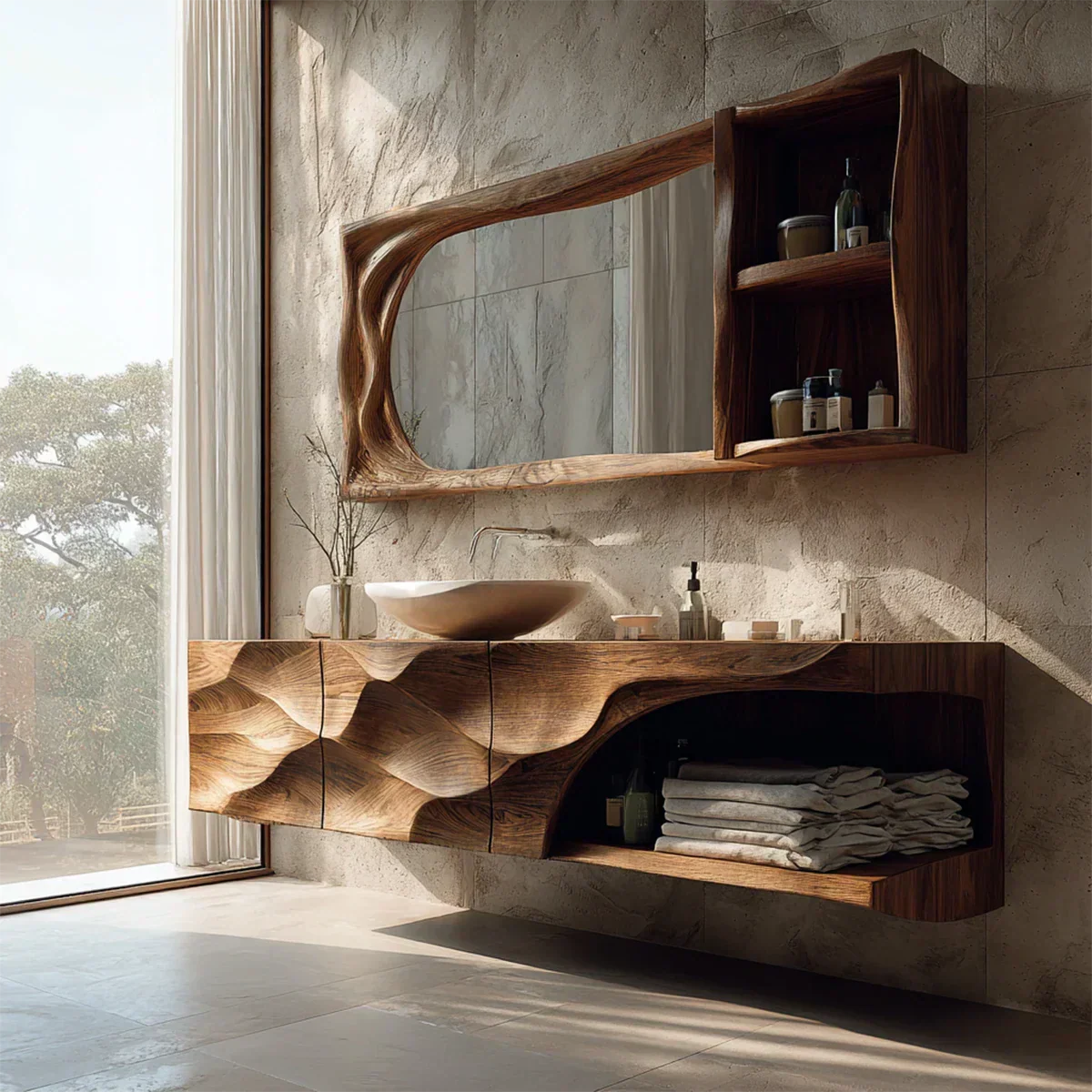 Floating Solid Wood Bathroom Vanity – Hand-Carved Natural Wood Storage Cabinet - Elitegemse