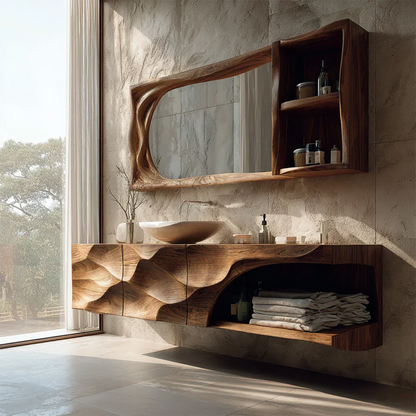 Floating Solid Wood Bathroom Vanity – Hand-Carved Natural Wood Storage Cabinet - Elitegemse