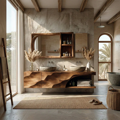 Floating Solid Wood Bathroom Vanity – Hand-Carved Natural Wood Storage Cabinet - Elitegemse