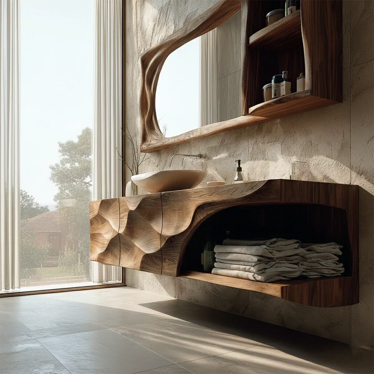 Floating Solid Wood Bathroom Vanity – Hand-Carved Natural Wood Storage Cabinet - Elitegemse