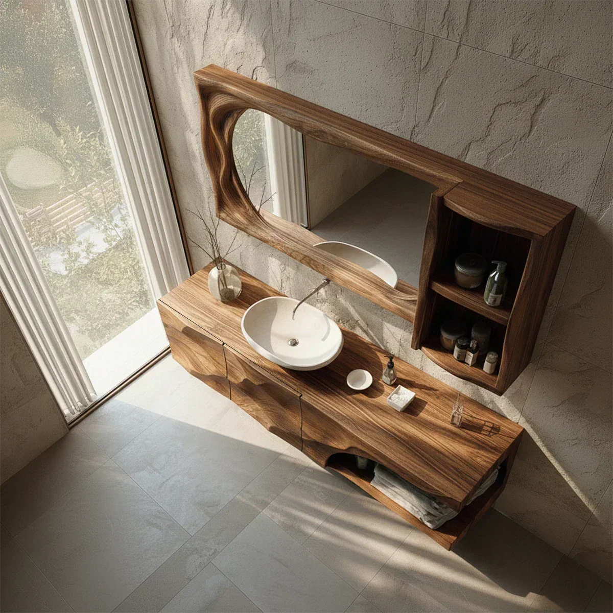 Floating Solid Wood Bathroom Vanity – Hand-Carved Natural Wood Storage Cabinet - Elitegemse